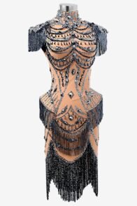 Fleshtone matt lycra Latin dress with lace appliqués, beadings, mineral gray crystals & stone fringes
