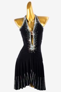 Black stretch crepe draping & ruching Latin dress with AB crystals & sew-on stones