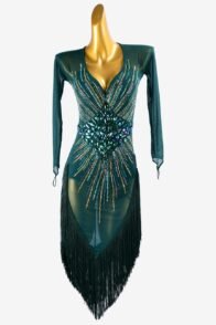 Malachite green mesh Latin dress with fringes, AB sew-on stones & rhinestones
