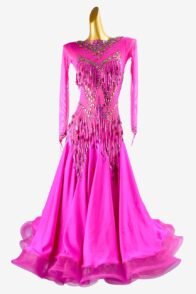 Rose mesh Standard dress with pearl chiffon underskirt, sequins, beaded fringes, crystals & sew-on stones