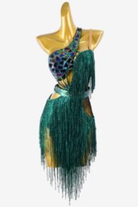 Dack green Latin dress with AB stone, crystal fishnet fringes & mirror stones