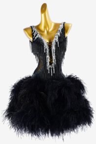 Black lycra Latin dress with sheer beadings, beaded fringes, feathers & rhinestones