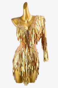 Gold dot shine lycra Latin dress with fully sequins dress, crystals & sew-on stones