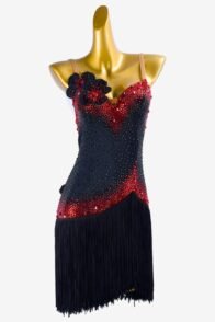 Black matt lycra Latin dress with fringes, rhinestone appliques, red crystals & sew-on stones