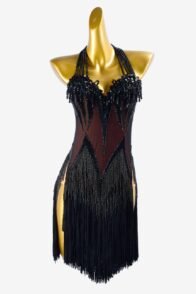 Black mesh Latin dress with stone fringes, beadings, fringes, rhinestones & sew-on stones