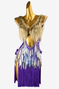 Violet Latin dress with gold dress top with beaded fringes, rhinestones, fringes & sequins
