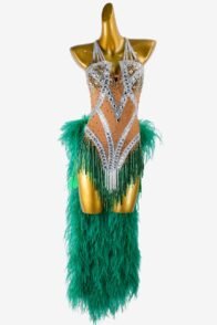Fleshtone matt lycra Latin dress with sea green feathers, beaded fringes, rhinestones & sew-on stones