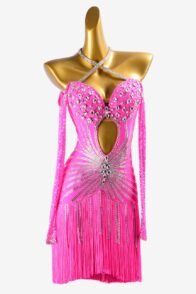 Light pink lycra Latin dress with stone fringes, fringes, silver crystals & sew-on stones