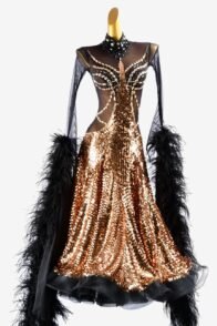 Gold sequins fabric Standard dress with black mesh top, crystals & feather boas
