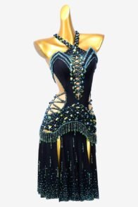 Black stretch crepe draping Latin dress with sea green AB stones & beadings