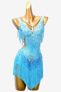 Sky blue matt lycra Latin dress with fringes, AB stones,beaded fringe & sew-on stones