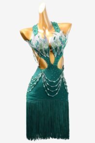 Sea green lycra rhythm dress with rhinestone applique, beadings,crystal AB & fringes