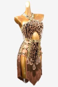 Leopard print lycra rhythm dress with beaded fringes,brown fringegs, gold crystals & rhinestones