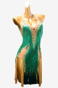 Sea green Latin dress with beaded fringe,crystal AB and tassels