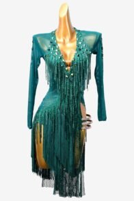 Navy blue Latin dress with stone fringes, fishnet,crystal AB and fringe
