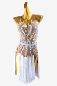 Skin yellow Latin dress with fringe,beaded fringe and crystal AB