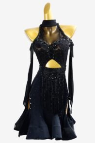 Black Latin dress with fringe,crystal AB and beaded fringe