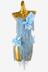 Sky blue matt lycra Latin dress with crystal AB, flower appliques & crystal fishnet fringes