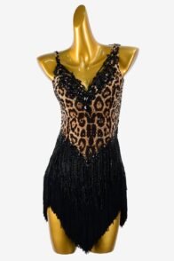 Leopard print matt lycra Latin dress with stone fringes, lace appliqués, sew-on stones, crystal AB & black fringes