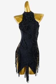 Black matt lycra fully crystallized openback Latin dress with stone fringes