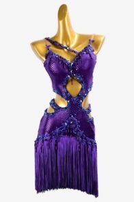 Purple backless python shine lycra latin dress with beadings, fringes, lace appliqués & rhinestones