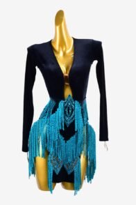 Black stretch velvet Latin dress with steelblue stone fringes & rhinestone