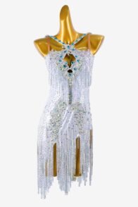 Silver dot shine lycra Latin dress with stone fringes, white beaded fringes, crystal AB & cyan sew-on stones