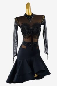 Black mesh Latin dress with ruffle fishbone underskirt, beadings, black rhinestone & sew-on stones