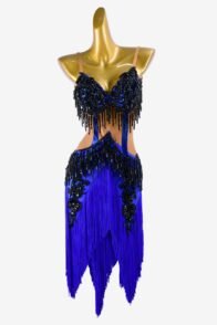 Dark nude & mediumblue Latin dress with black stonning lace appliqués, mediumblue fringes & black beaddings