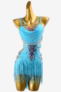 Sky blue matt lycra Latin dress with white stone fringes, crystals & mediumvioletred sew-on stones