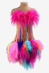 Fleshtone matt lycra Latin dress with rhinestones, colorful feathers underskirts & stone fringes
