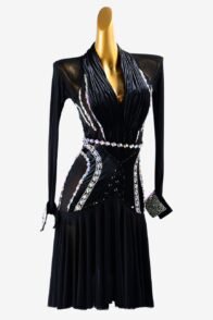 Black mesh & smooth Velvet Latin dress with AB crystals & AB sew-on stones