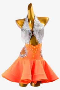 Silver dot shine lycra Latin dress with orangered ruffle fishbone underskirt, beaded fringes and crystals