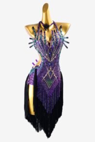 Purple lustre lycra fully crystallized Latin dress with stone fringes, black fringe, teal & gold sew-on stones