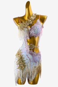 White matt lycra Latin dress with gold lace appliqués, rhinestones, AB sew-on stones, pink & gold beaded fringes
