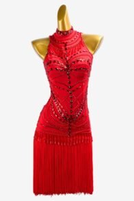 China red matt lycra Latin dress with fringes, beadings, rhinestone & sew-on stones