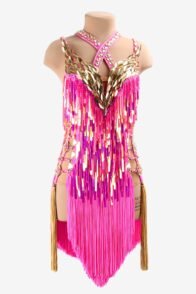 Mediumvioletred Latin dress with fringes, gold leaf, sequins, gold crystals & sew-on stones
