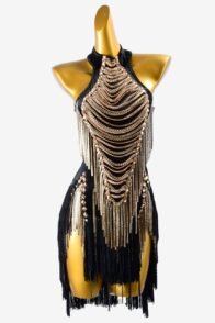 Black matt lycra Latin dress with fringes, gold chains & stone fringes and crystals