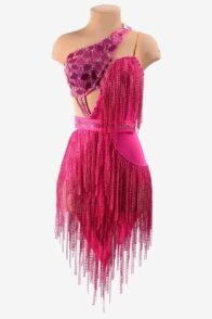 Carmine matt lycra Latin dress with crystal fishnet fringes, mirror stones and rhinestones