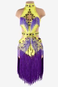 Yellow lustre lycra Latin dress with beaded fringes, rhinestones, beadings, purple tassels & sew-on stones