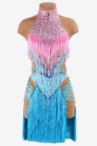 Sky blue Latin dress with light pink beaded fringe, fringe and rhinestone