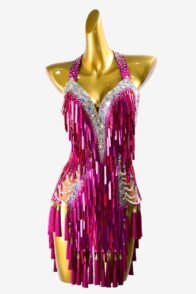 Mediumvioletred matt lycra Latin dress with beadings, sequins, silver mirror stones, AB stones & tassels