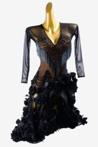 Black mesh Latin dress with ruffle fishbone underskirt, beadings, beaded fringes & flower appliques