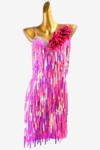 Magenta fully sequins Latin dress with crystals, sew-on stones & flower appliques