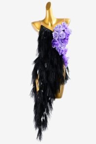 Black matt lycra Latin dress with feathers, sequins, rhinestones & medumpurple flower appliques