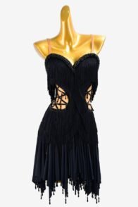 Black matt lycra Latin dress with fringes, crystals & beadings