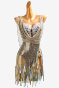 Fleshtone dot shine lycra Latin dress with gold crystal fishnet, lace appliqués, crystals AB & sequins
