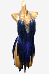 Slateblue matt lycra Latin dress with steeblue tassels, crystals & gold sew-on stones