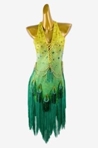 Yellow shaded seagreen Latin dress with beaded fringe, AB sew-on stones & fringes