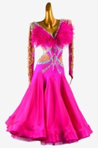 Magenta & fleshtone matt lycra standard dress with pearl chiffon underskirt, AB stones & feathers